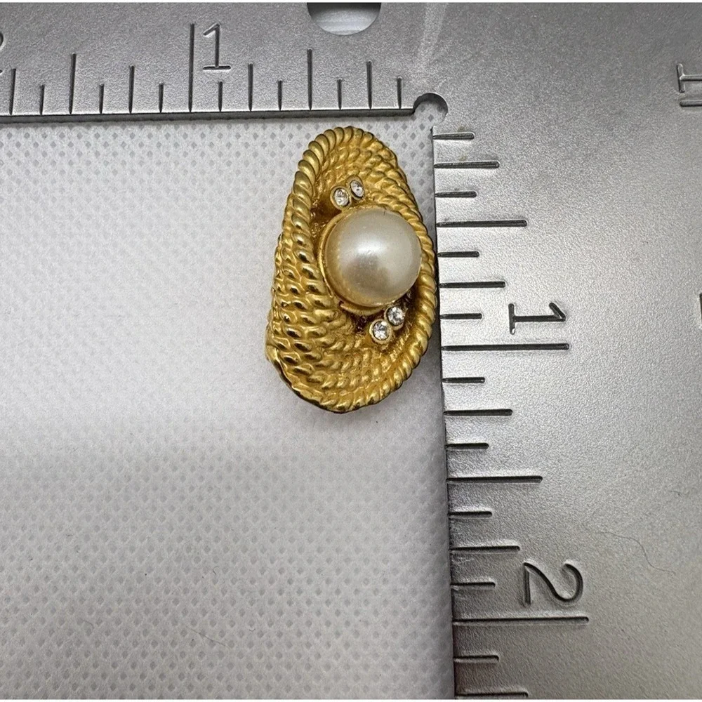 Vintage Gold Tone Clip-On Earrings Faux Pearl & Rhinestone Accents Textured Rope